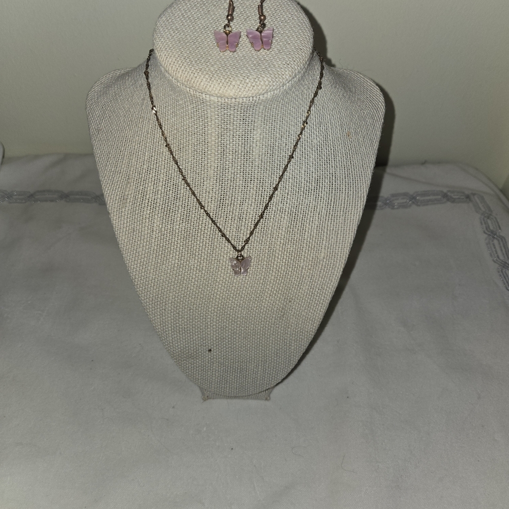 Elegant Pink Butterfly Necklace and Earring Set